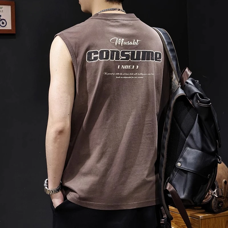 美式复古渐变背心男士t恤坎肩2025新款夏季运动健身大码宽松潮流