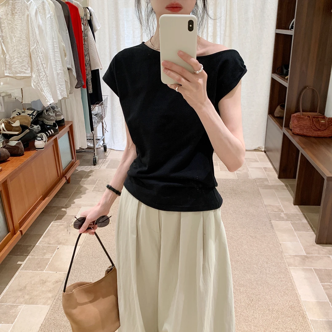 【两色斜肩扭结T恤】女2025夏季新款韩系休闲风百搭修身显瘦上衣