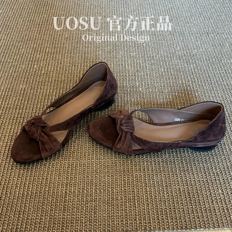 UOSU正品复古磨砂皮扭结交叉带凉鞋女夏季新款外穿百搭平底凉拖鞋