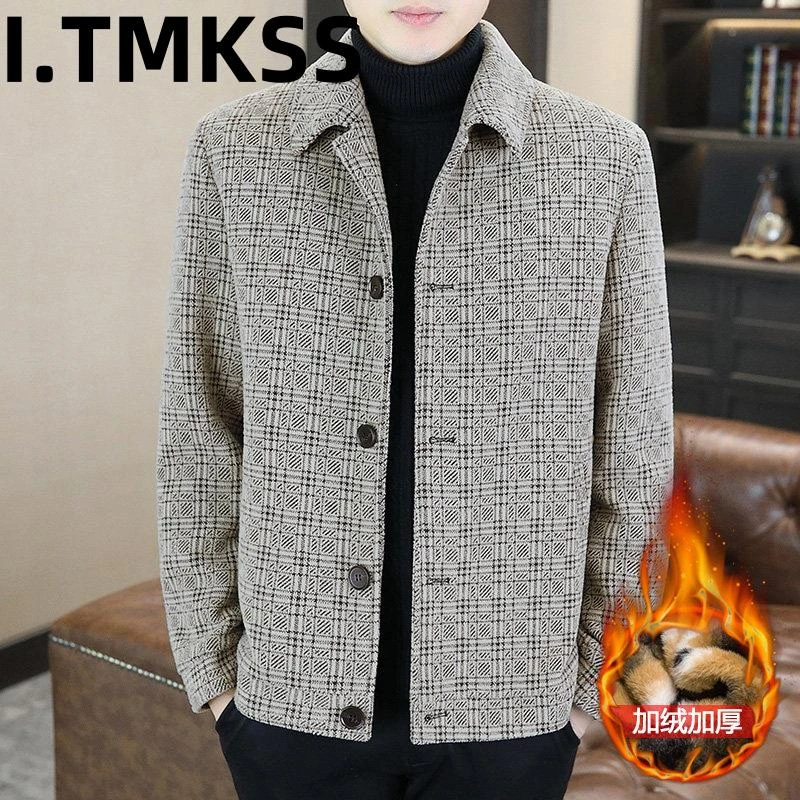 外套男冬款休闲百搭2026年新款中年翻领格子加绒加厚褂子高端夹克