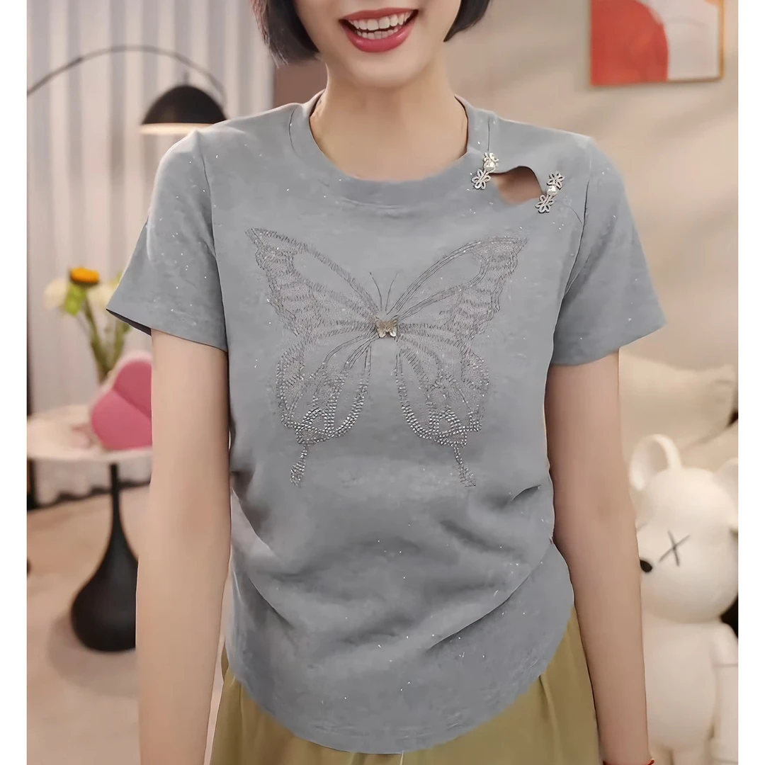 2025夏季新款蝴蝶烫钻优质棉短袖T恤女时尚镂空捏褶修身显瘦上衣