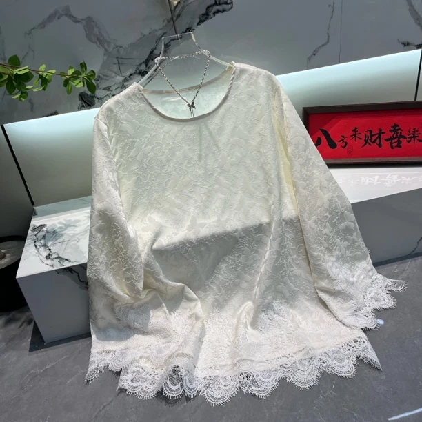 新中式提花蕾丝拼接衬衫女圆领长袖百搭上衣春季