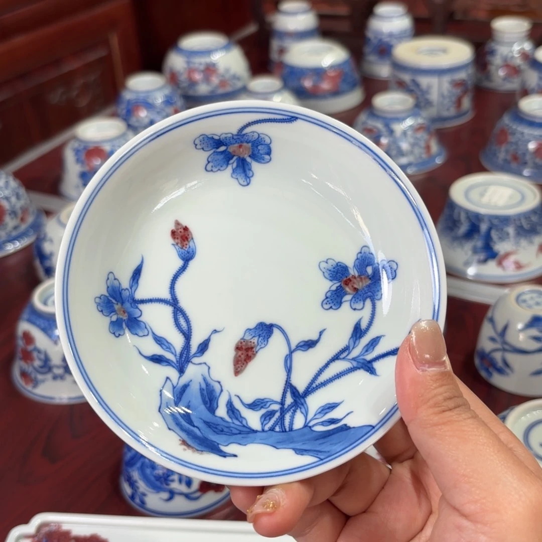 青花釉里红虞美人小壶承