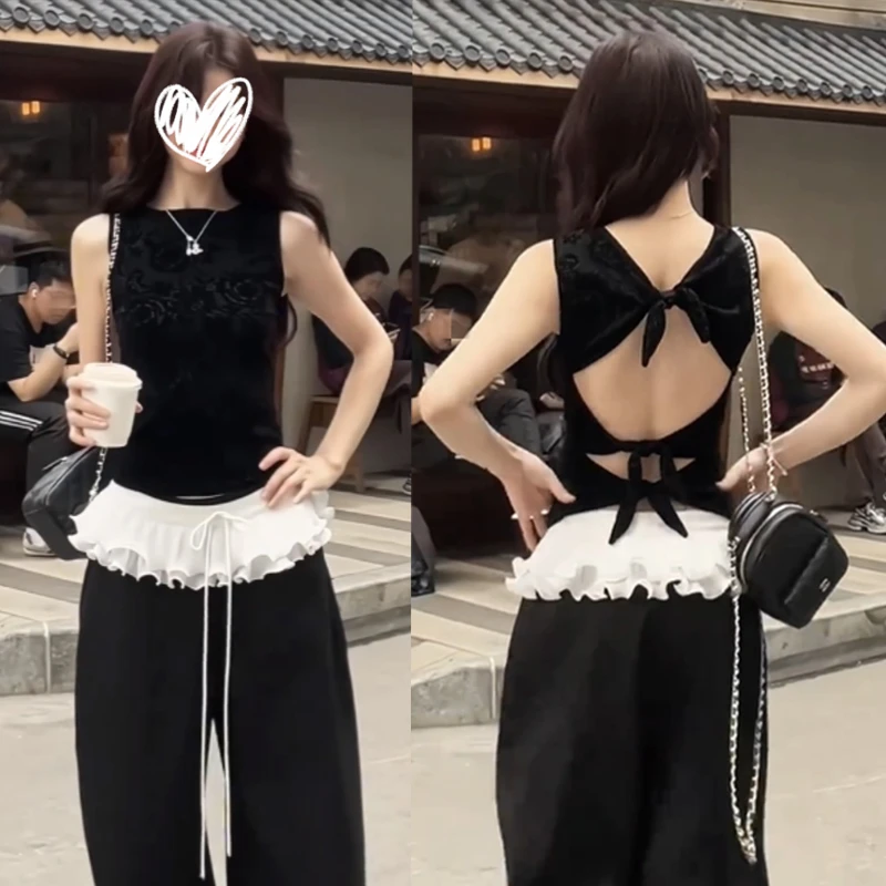 性感辣妹纯欲蕾丝拼接不规则设计感夏季修身显瘦镂空露背上