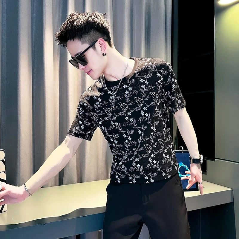 Cebrodz碎花t恤2025新款男短袖夏季冰丝薄款透气潮牌高级感体恤衫