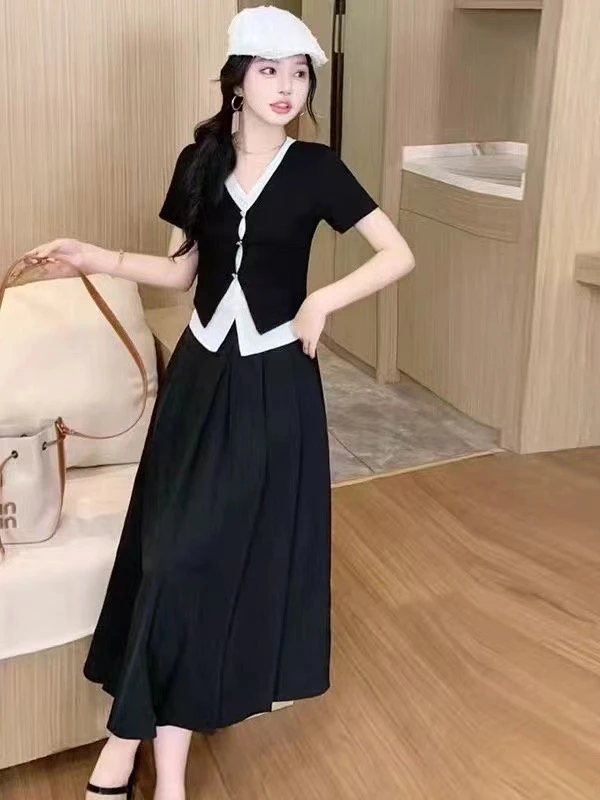 拼接假两件短袖上衣高腰显瘦半身裙时尚套装女夏季