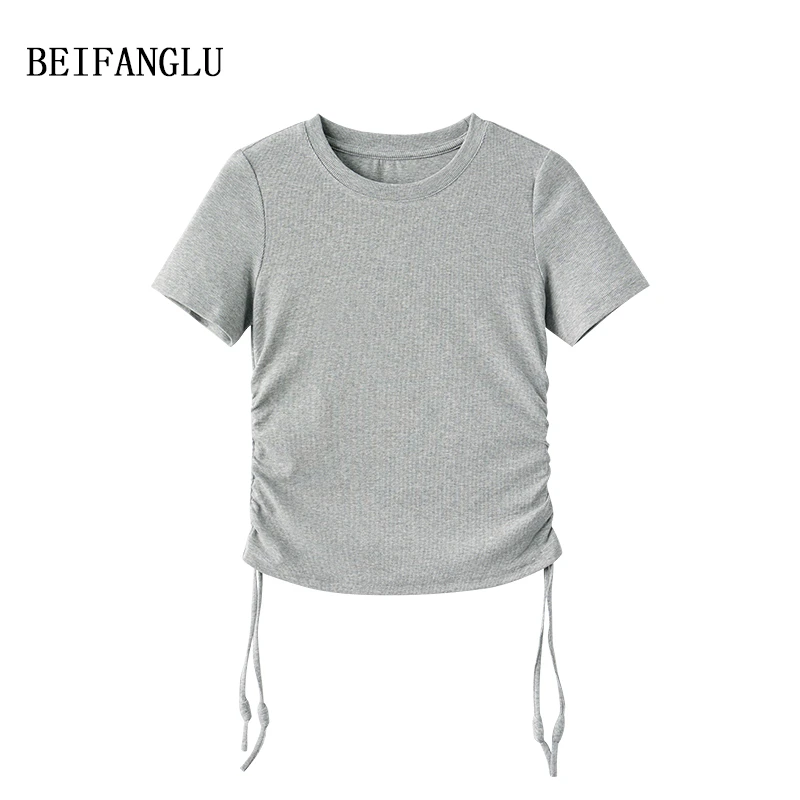 北方鹿 夏季新款短袖针织修身设计感抽绳上衣显瘦休闲百搭女19031