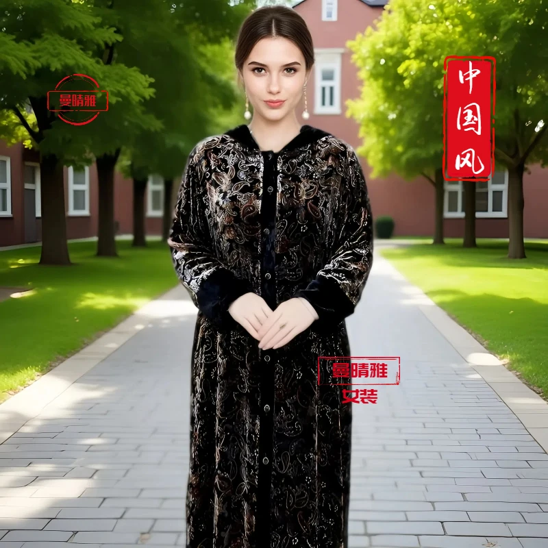 100桑蚕丝连帽中长款圆领薄款中老年女装女士金丝中国风妈妈装