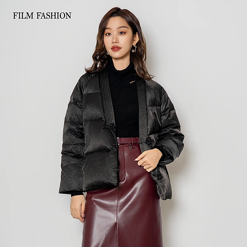 【千颂妮】冬季新款提花羽绒服鹅绒保暖女宽松V领 FFBI142460