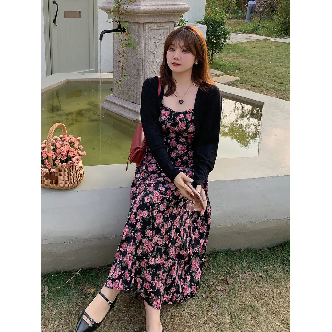 260斤胖mm大码碎花吊带裙气质温柔开衫两件套