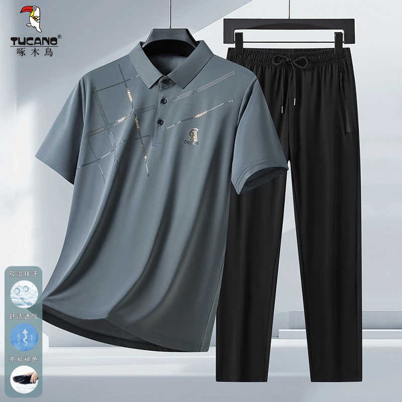 啄木鸟中老年夏季套装男士冰丝速干Polo衫爸爸休闲短袖T恤两件套