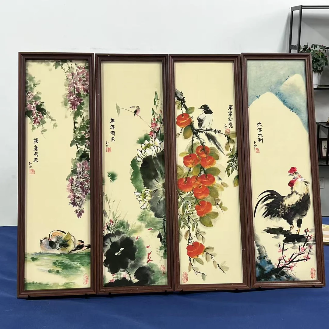 23*73竖幅国画-写意四季花鸟+/张涛（带框）