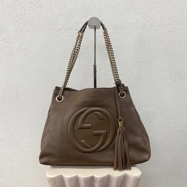 95新 GUCCI/古驰 【今物】棕金全皮soho流苏托特单肩包