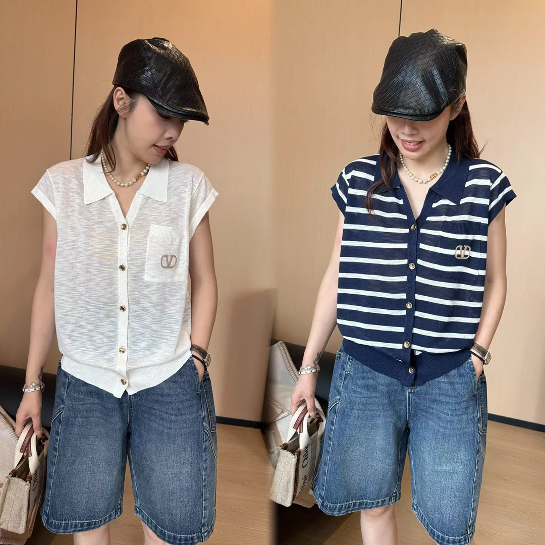 二姐的宝藏夏款翻领小香风单排扣高级极简风小飞袖针织上衣#25223