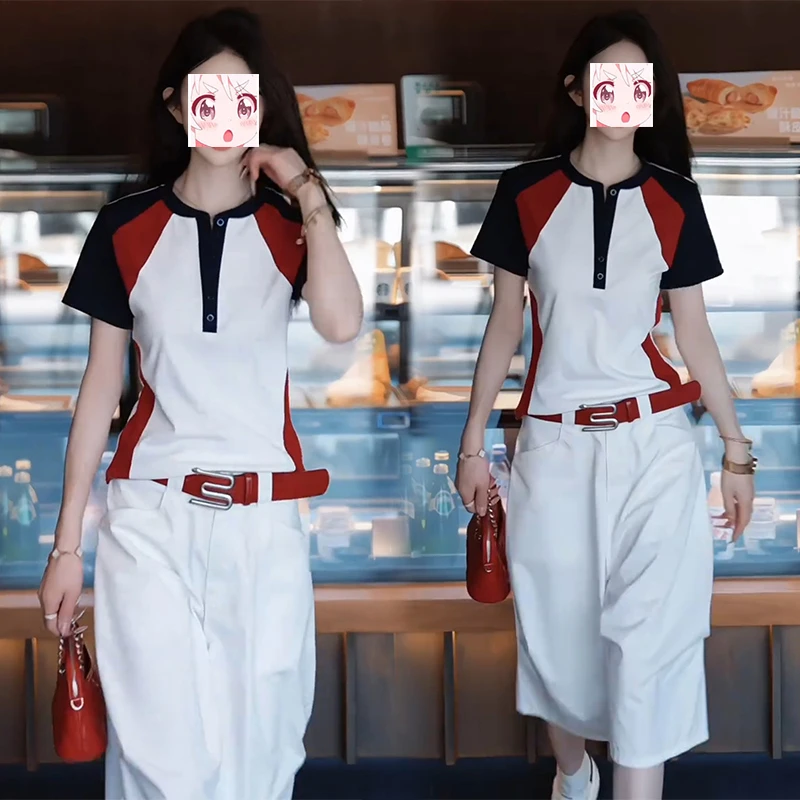 盐系显瘦减龄穿搭一整套2025夏季拼色短袖T恤百度六分裤两件套装