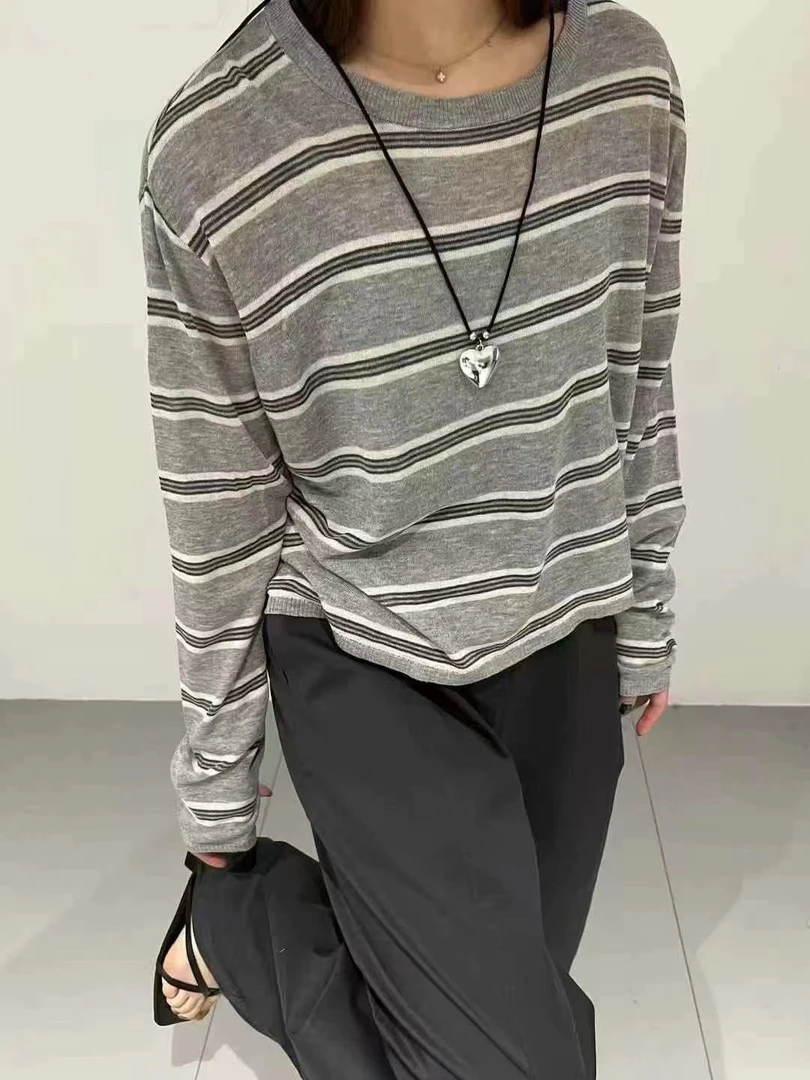 减龄感圆领撞色柔雾感条纹叠穿T恤慵懒打底针织衫9807