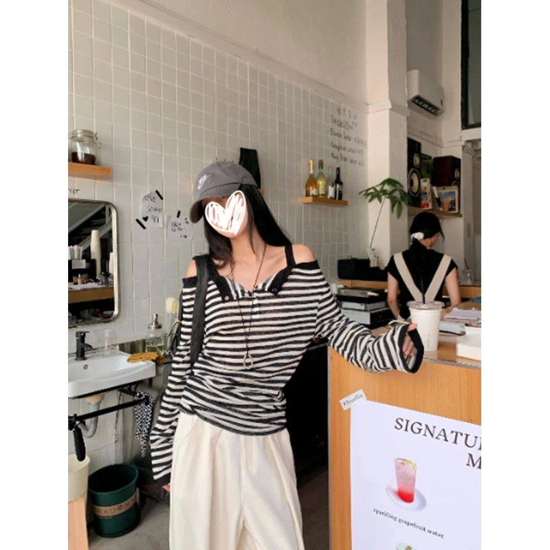 美式复古设计纽扣条纹吊带长袖T恤女装早秋宽松显瘦独特漂亮上衣