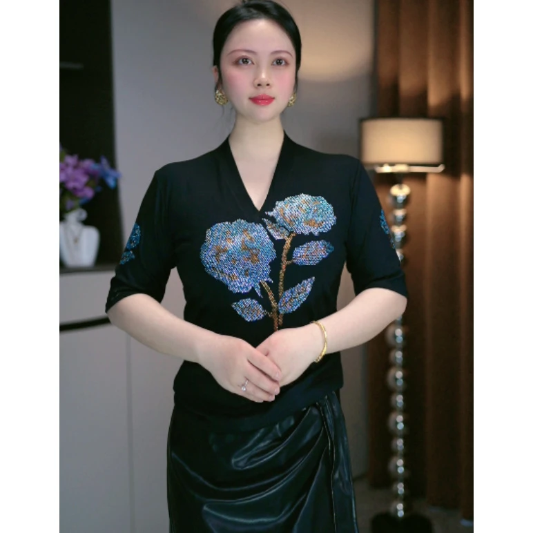 【雨鑫爆款】夏季新款精梳棉烫钻欧货显瘦百搭上衣内搭T恤