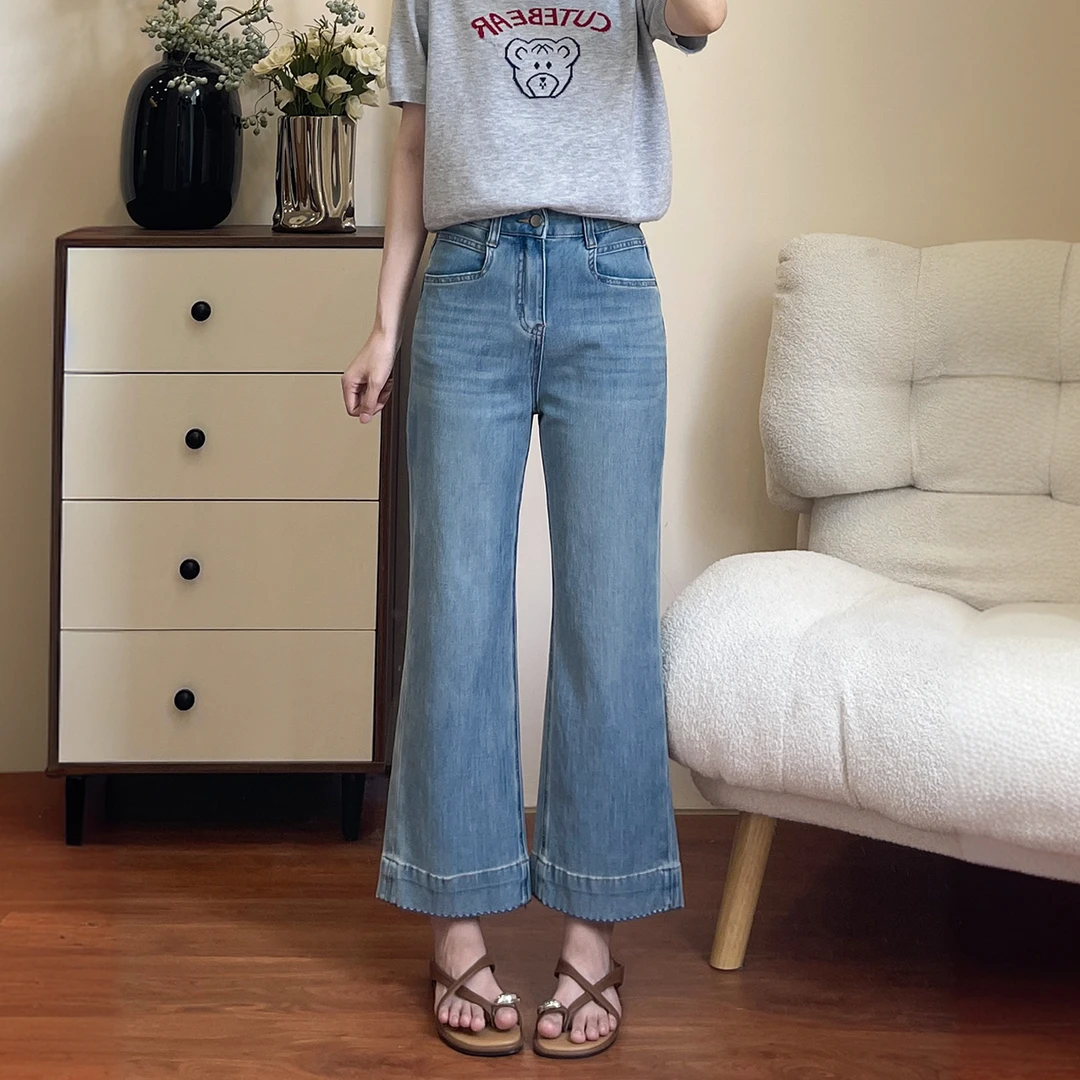 蓝色微喇牛仔裤女早秋新款微胖大码mm小个子高腰显瘦九分喇叭裤子