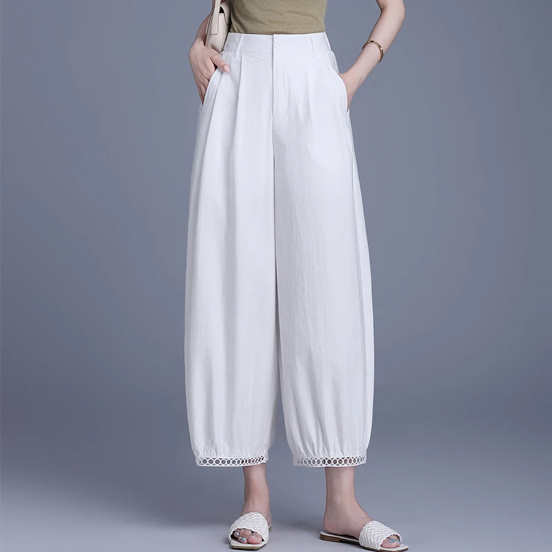 夏季新款九分阔腿裤大脚直筒灯笼哈伦裤子宽松高腰黑白拼接蕾丝薄