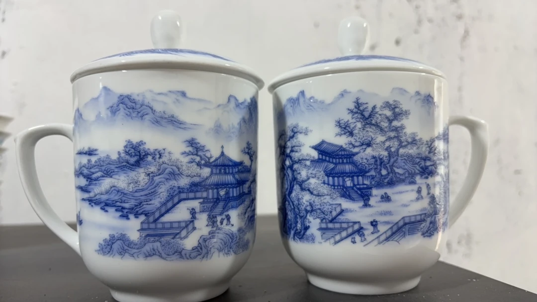 景德镇陶瓷青花山水办公杯2只