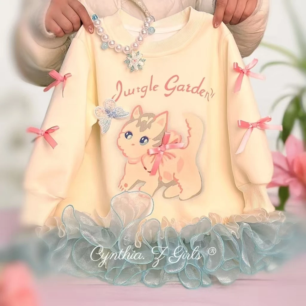MN女童猫咪卫衣裙 2025春秋款洋气女孩可爱蝴蝶结猫咪公主连衣裙~