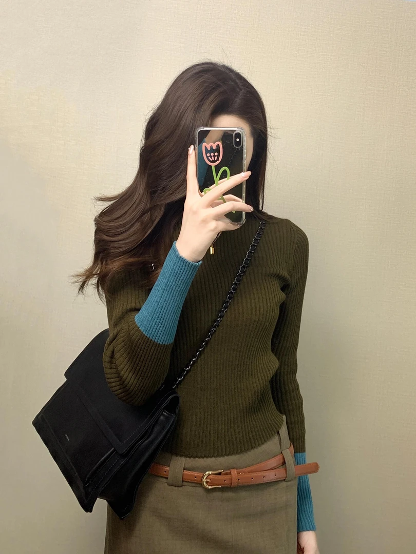 2025新款早春拼接撞色设计感高级修身针织毛衣软糯上衣百搭半身裙