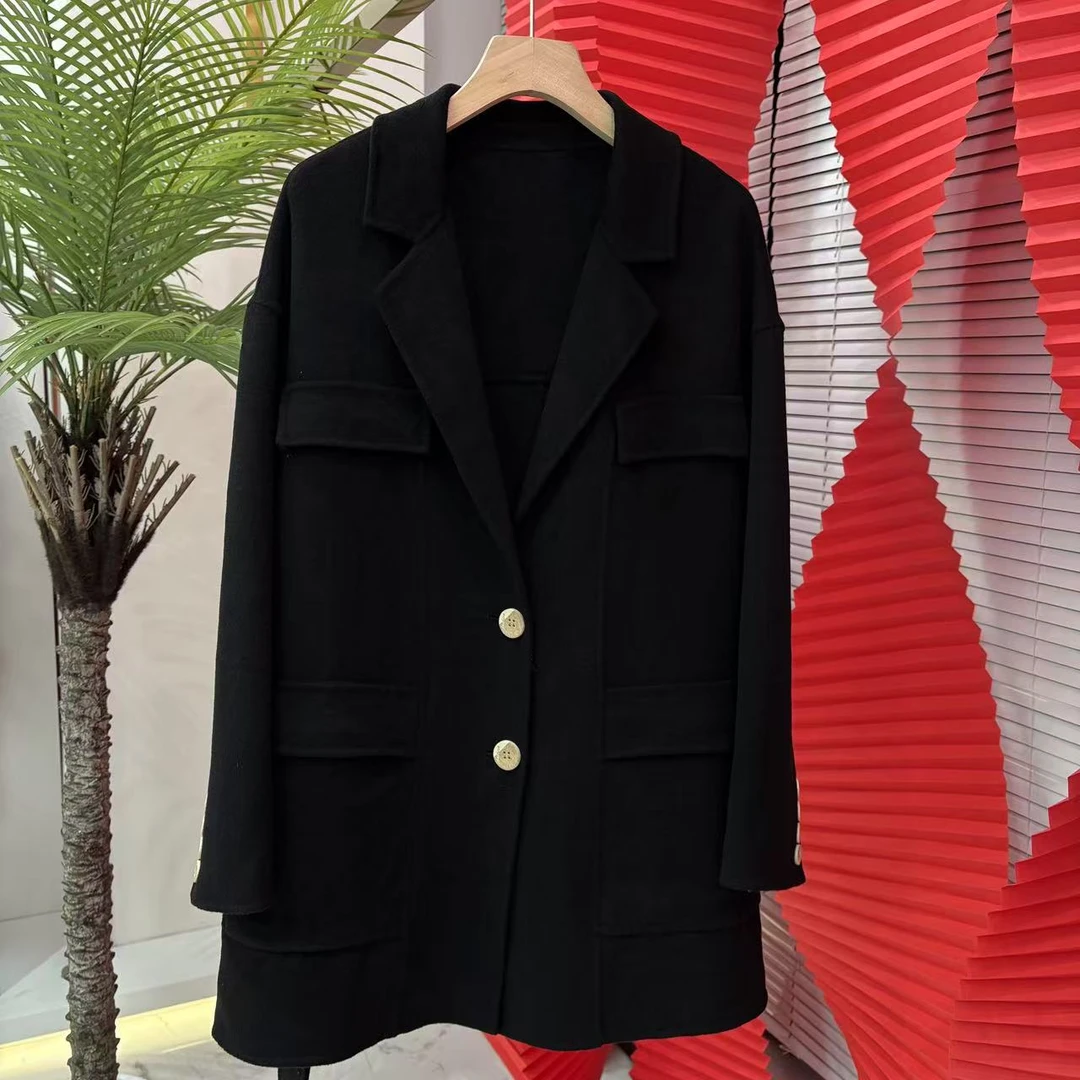 Luoxi/罗皙6601气质时尚百搭女士黑色双面羊绒毛呢