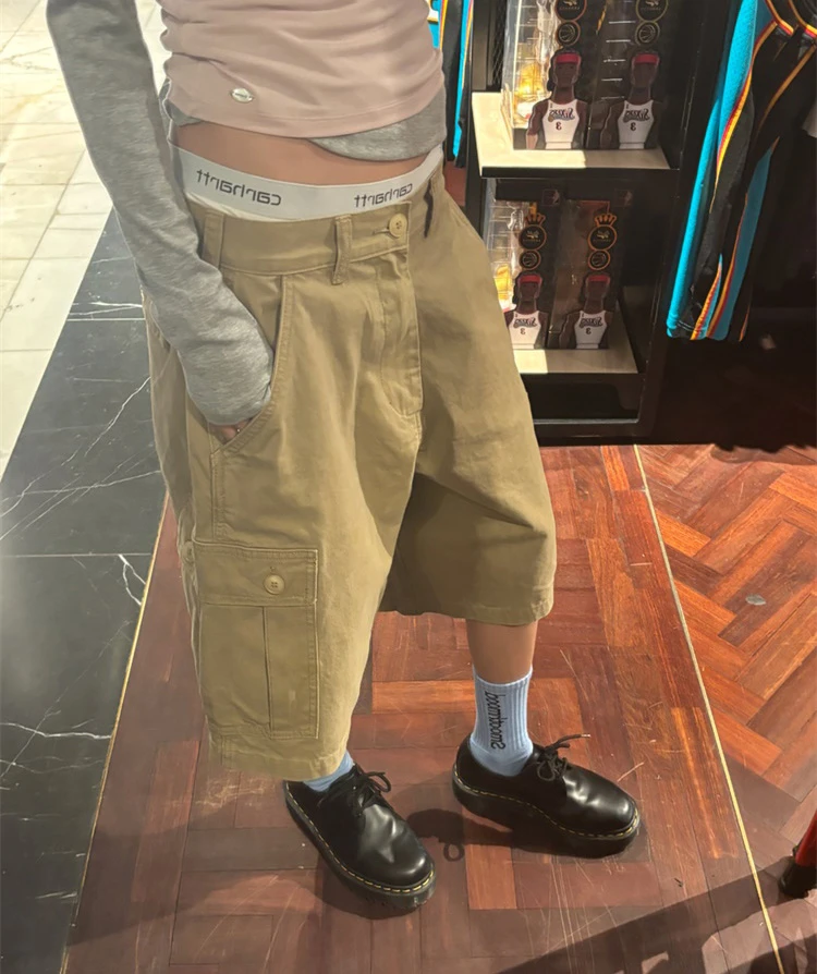 街头美式~复古韩版口袋工装宽松百搭高腰休闲中裤五分裤