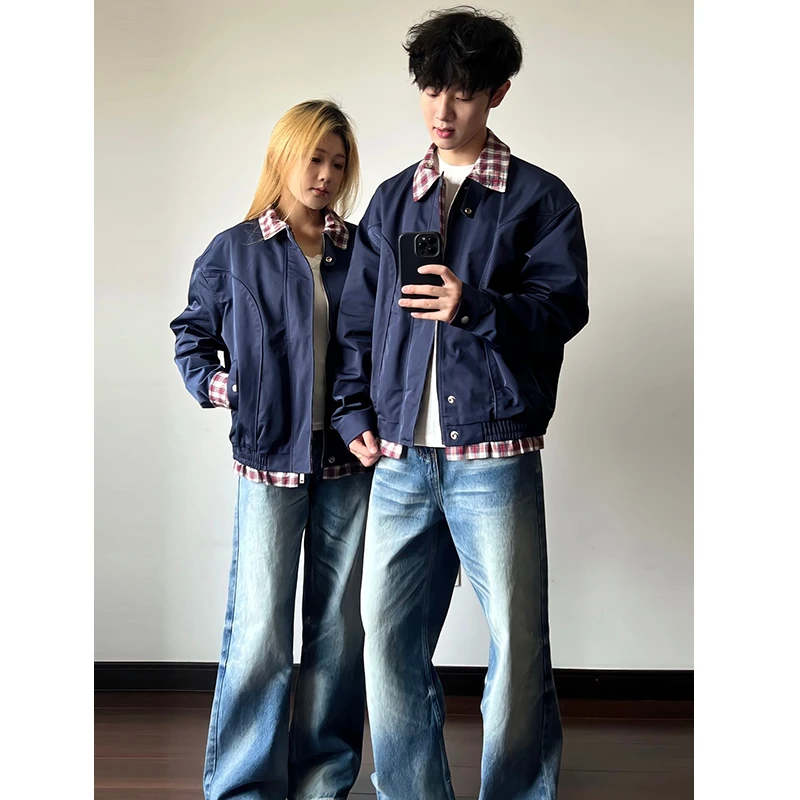 千鸟格纹哈灵顿工装夹克男款秋季流行穿搭立领外套老钱风短款上衣