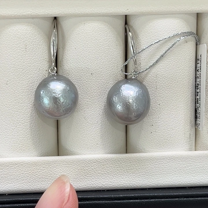 银S925镶嵌海水珍珠耳饰12-13mm 55号