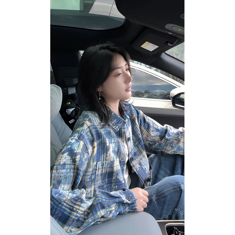 牛油果绿扎染格子衬衫男女早秋美式复古长袖衬衣cleanfit情侣外套