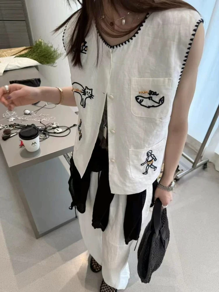梦小小女装2025新款夏圆领休闲小香设计感猫咪刺绣拼边麻料上衣