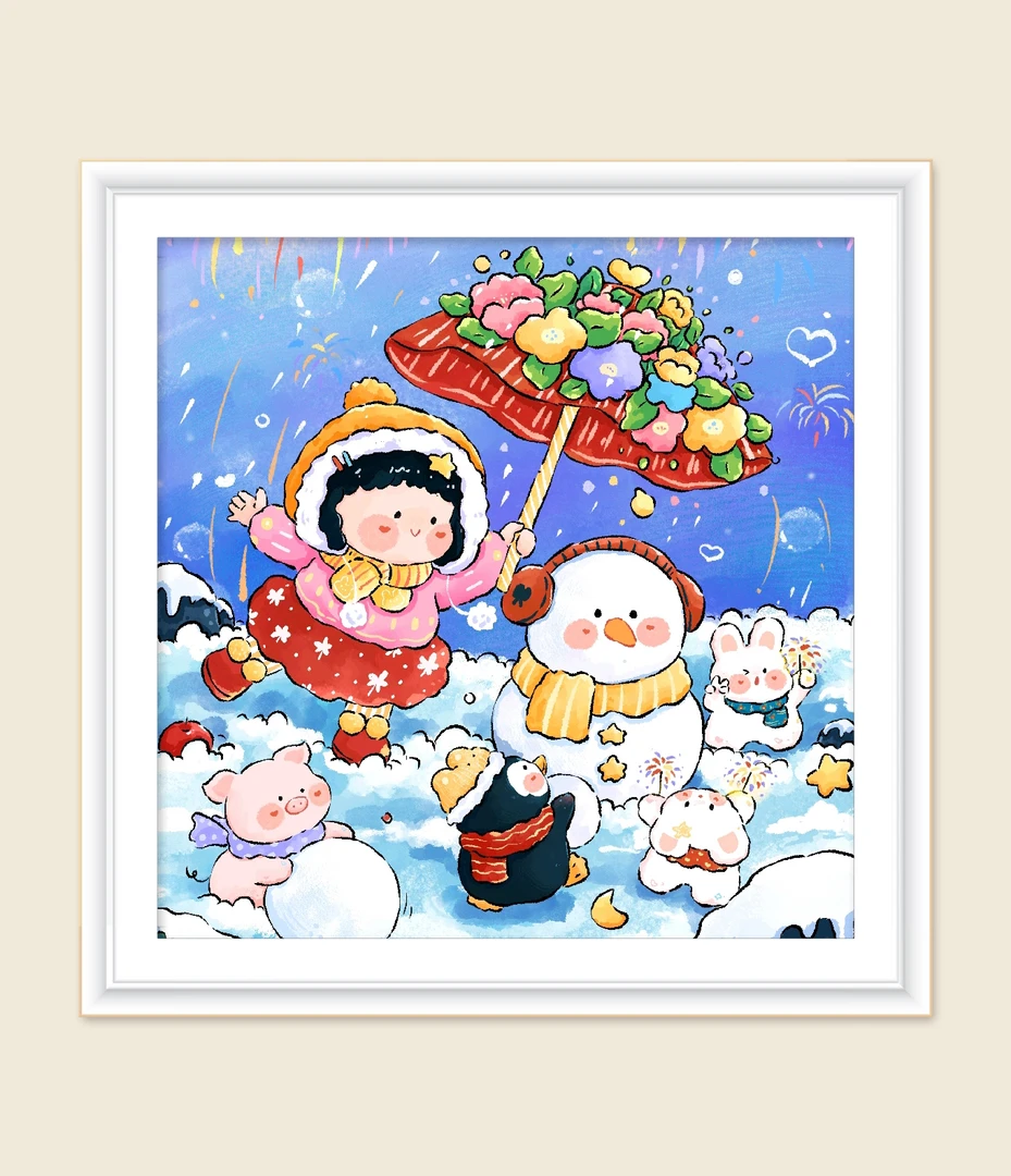 柠檬家定制：花伞小雪人65*65大格十字绣【无针无工具】 精准印花