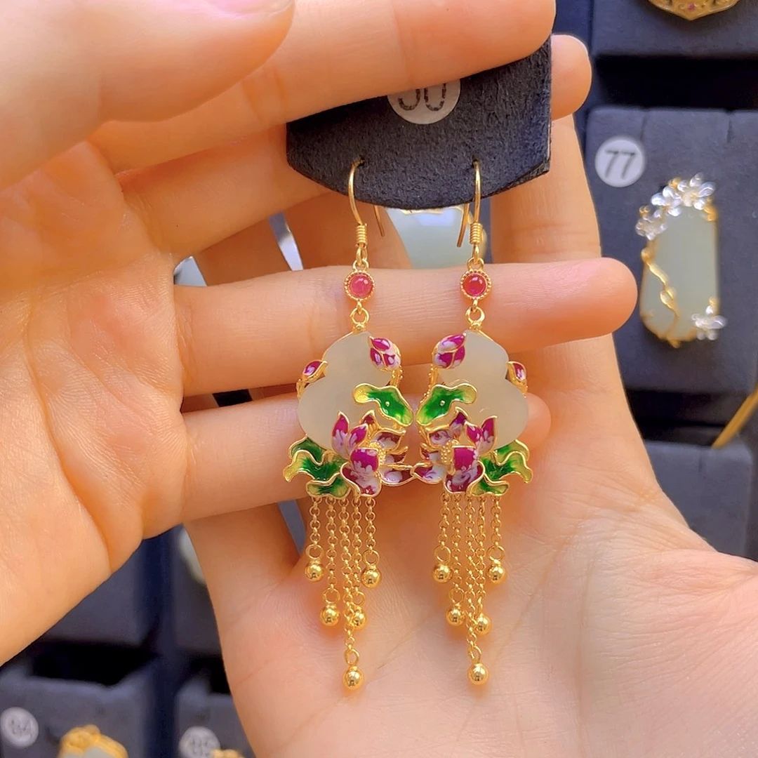 和田玉耳饰银S925镀金镶嵌