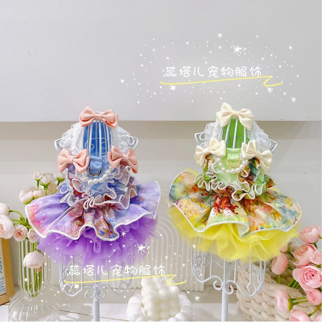 蕊塔儿洛丽塔夏季小体狗宠物服饰约克夏公主裙多巴胺油画纱蓬蓬裙