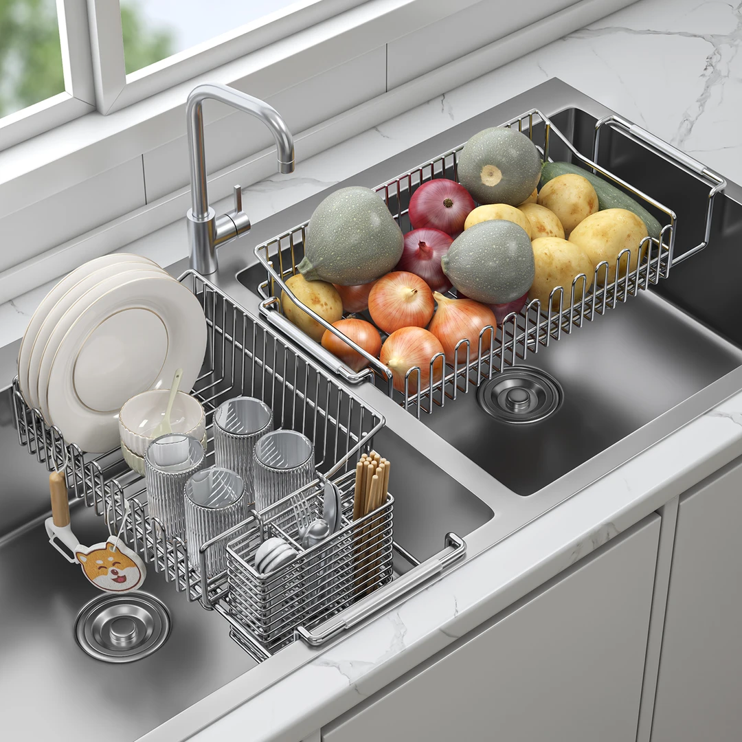 圣西陶304不锈钢沥水架厨房水槽洗碗池伸缩沥水篮碗碟收纳置物架