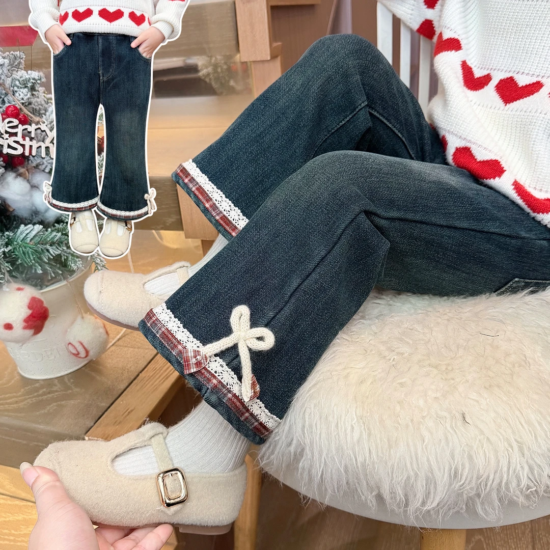 女童加绒牛仔裤洋气秋冬新款时髦女宝宝一体绒喇叭裤小童加厚长裤