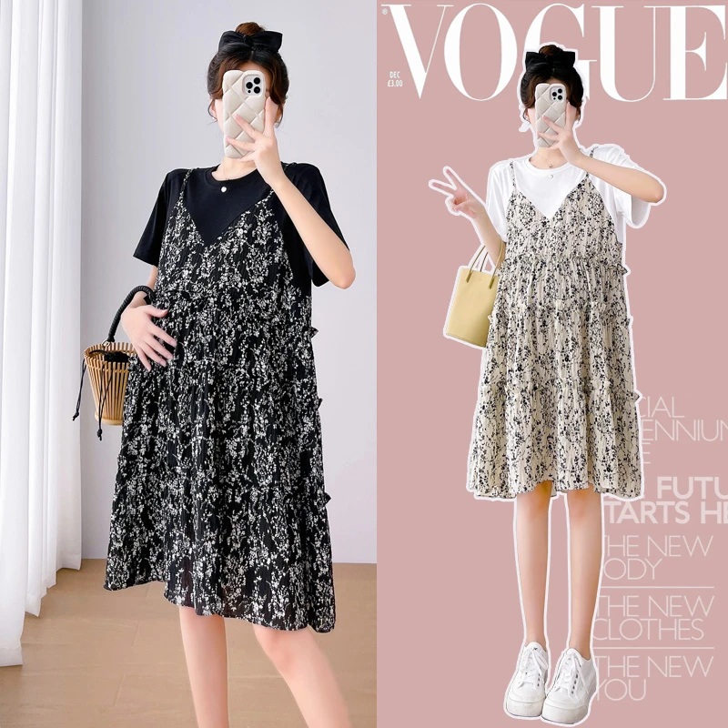 2025孕妇假两件套连衣裙夏季新款短袖圆领复古甜美碎花宽松中长款