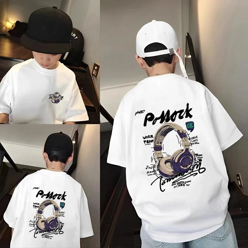 【100%纯棉】潮牌韩版耳机短袖T恤男宝女宝2025夏季新款嘻哈风半袖