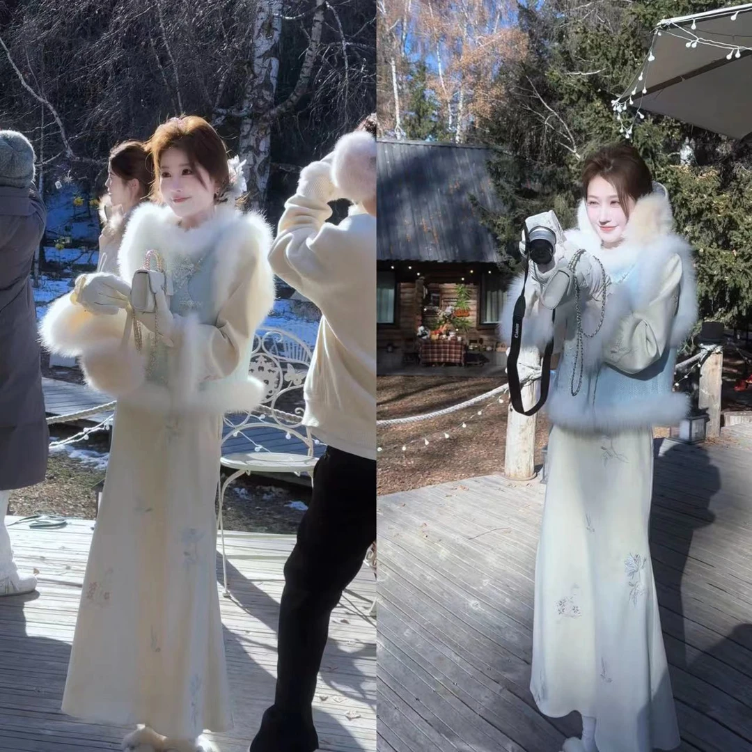 【婷婷】《岁岁年年》 狐狸毛马甲加绒刺绣旗袍套装TT2SQTH2505