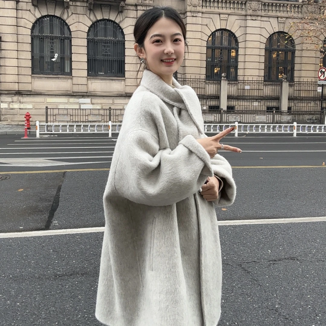 【敢敢专属】秋冬韩系中长款双面毛呢围巾领大衣女时尚百搭显瘦外套