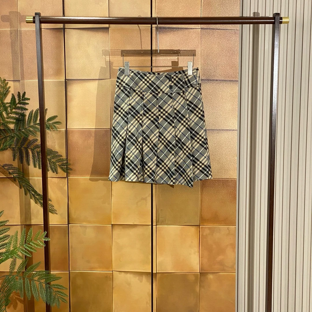 99新 BURBERRY/博柏利 灰色斜格纹褶皱半裙/36码/98新/25983
