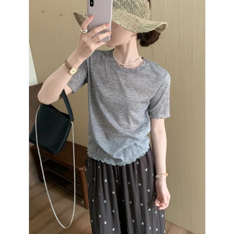 木耳边圆领白色短袖t恤女小众设计感显瘦薄款短款小个子上衣夏季