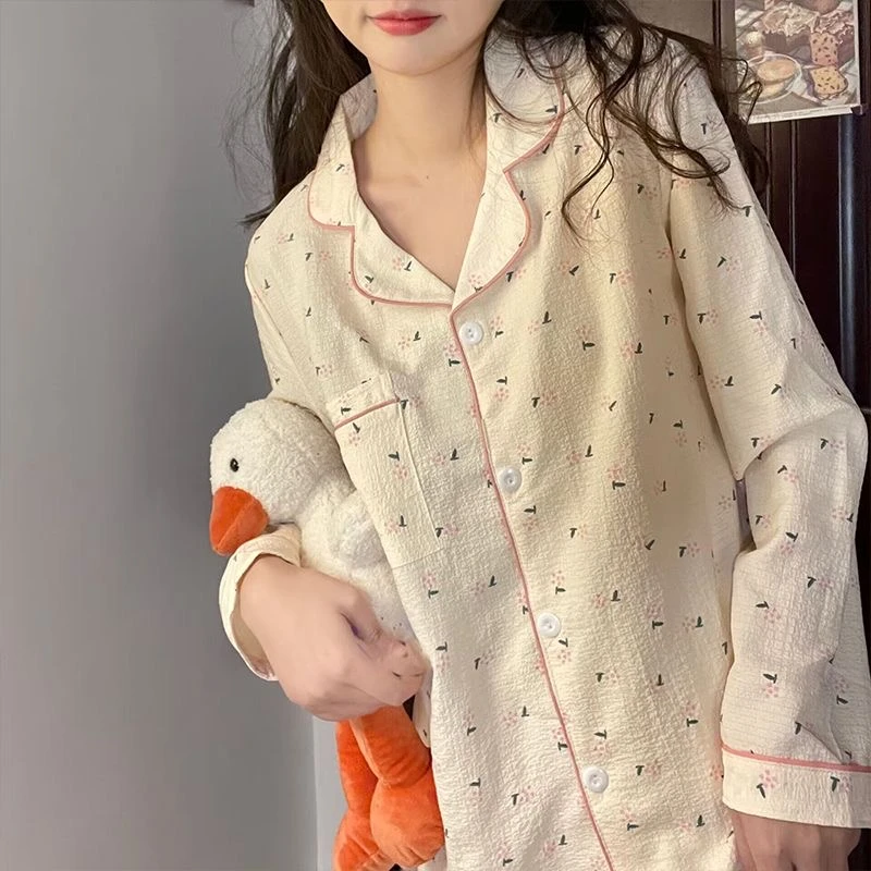 【粉边碎花】2025新款春夏薄款家居服婴儿棉感泡泡纱布女开衫睡衣女