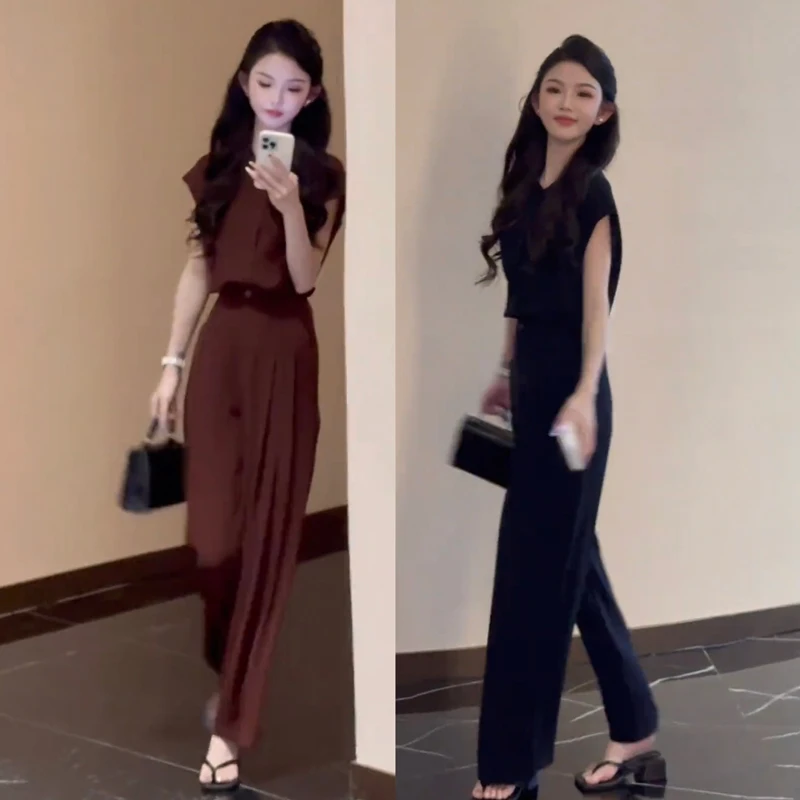 时尚休闲套装女2025夏季新款飞袖中长款上衣直筒裤显瘦修身两件套