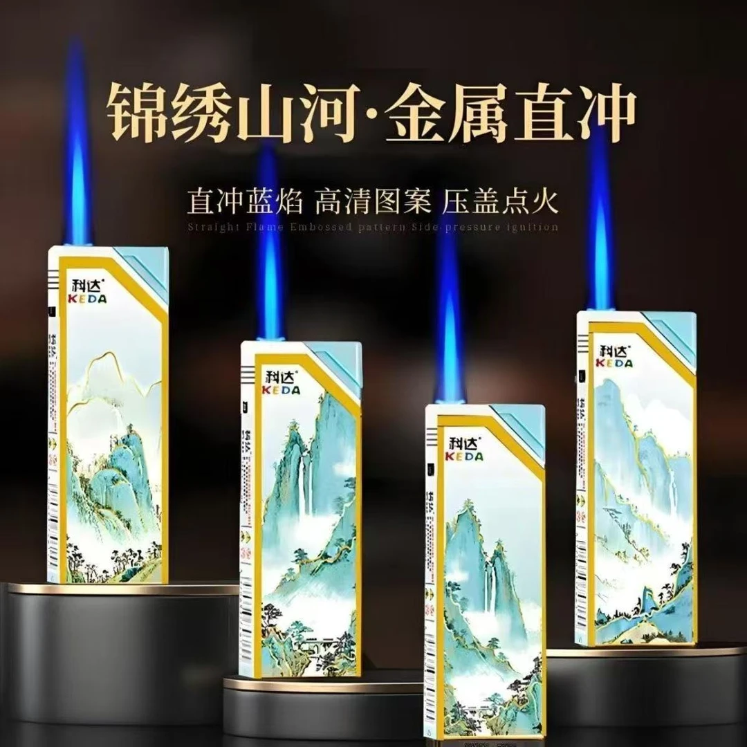 网红新款金属蓝焰直冲打火机山水可充气防风打火机批发超市家用