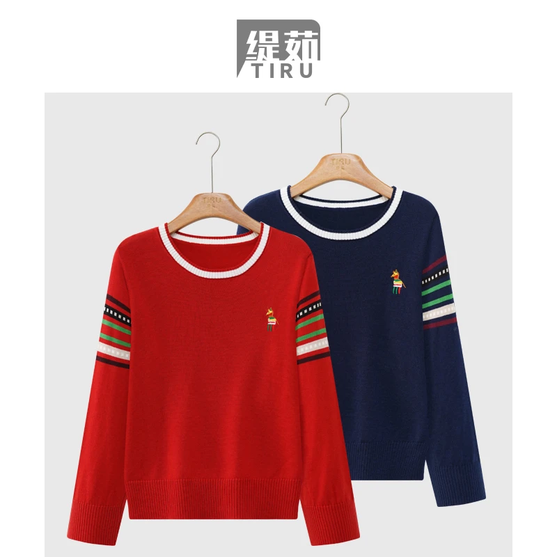 新年红卡通小马刺绣精纺羊毛衫女拼色针织宽松毛衣打底衫-1358