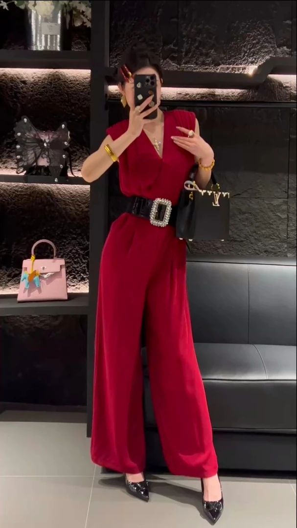 8676-A-2-2-2新款时尚洋气高端气质黑色连体裤时尚高腰显瘦连体裤