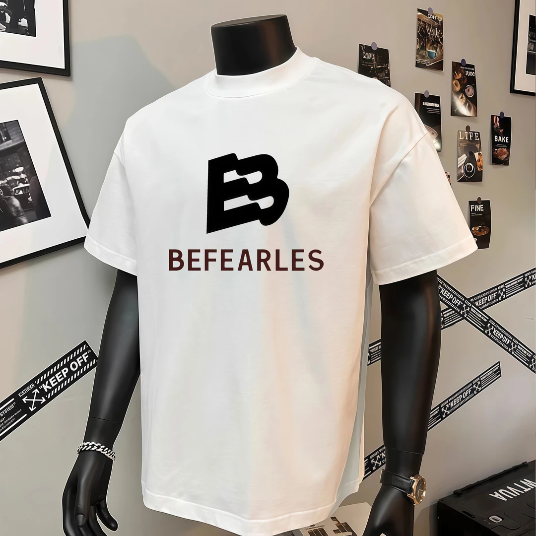 高级感男装夏季白色上衣重磅款修身百搭时尚男士T恤圆领短袖印花